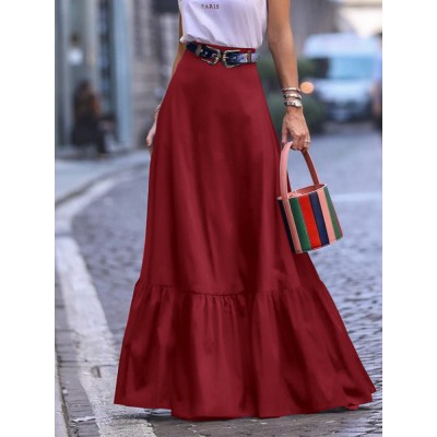 Solid Pleated Ruffle Hem Side Pockets Skirts For Women