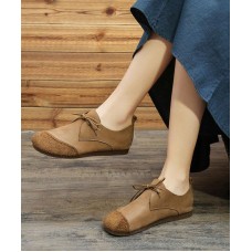 Khaki Genuine Leather Flat Shoes For Women Lace Up Splicing Flat Shoes