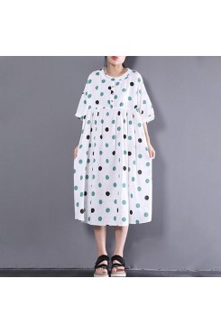 women linen shift dress oversized Loose Short Sleeve Dots Printed White Pleated Dress