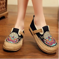 Black Cotton Linen Embroideried Fabric Flat Feet Shoes Splicing Flats