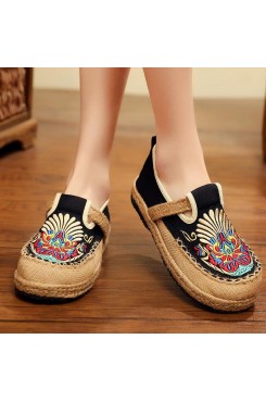 Black Cotton Linen Embroideried Fabric Flat Feet Shoes Splicing Flats