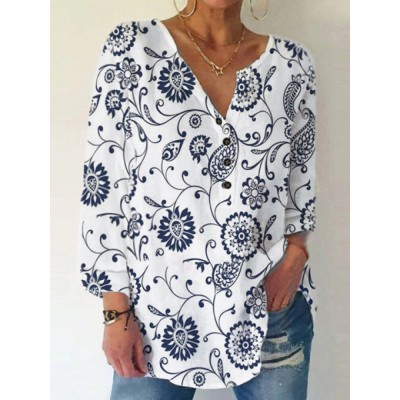 Print Button Long Sleeve Casual Blouse