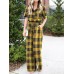 Plaid Print Button Pocket Short Sleeve Wide Leg Jumpsuit