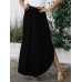 Women Elastic Waist Irregular Hem Side Fork Casual Skirts With Pocket