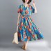 fashion blue long cotton linen dress oversized print Cinched dresses Fine drawstring v neck cotton linen dress