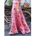 Colorful Floral Print Big Swing Elastic Waist Holiday Casual Long Skirt For Women