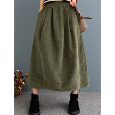 Women Corduroy Solid Elastic Waist Leisure Skirt With Side Pockets