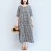 2021 black white plaid cotton dresses baggy loose half sleeve maxi dress side open