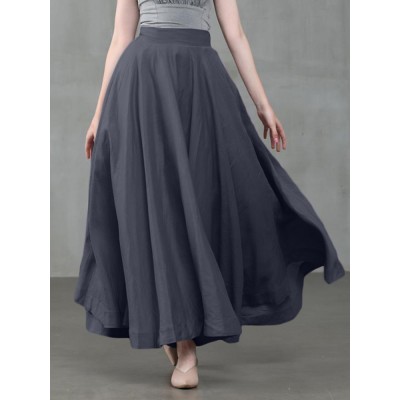 Women Solid Color Back Zip Pleated Casual Swing Skirts With Pocket